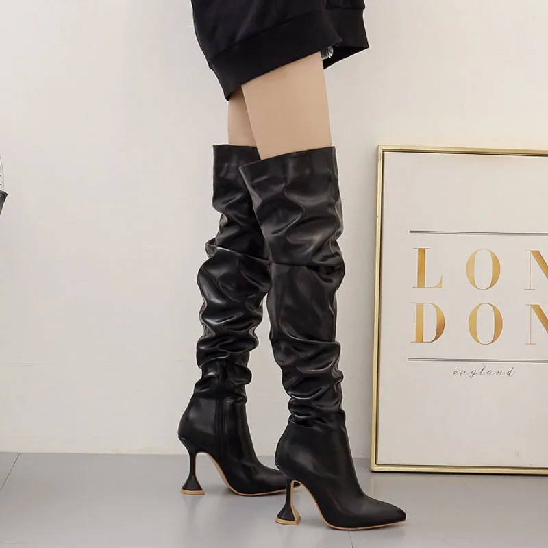 Wine Glass Heel Knee High Long Boots Pointed Toe Pump Solid Side Zipper Women Fashion Boots Autumn Winter White Black Red