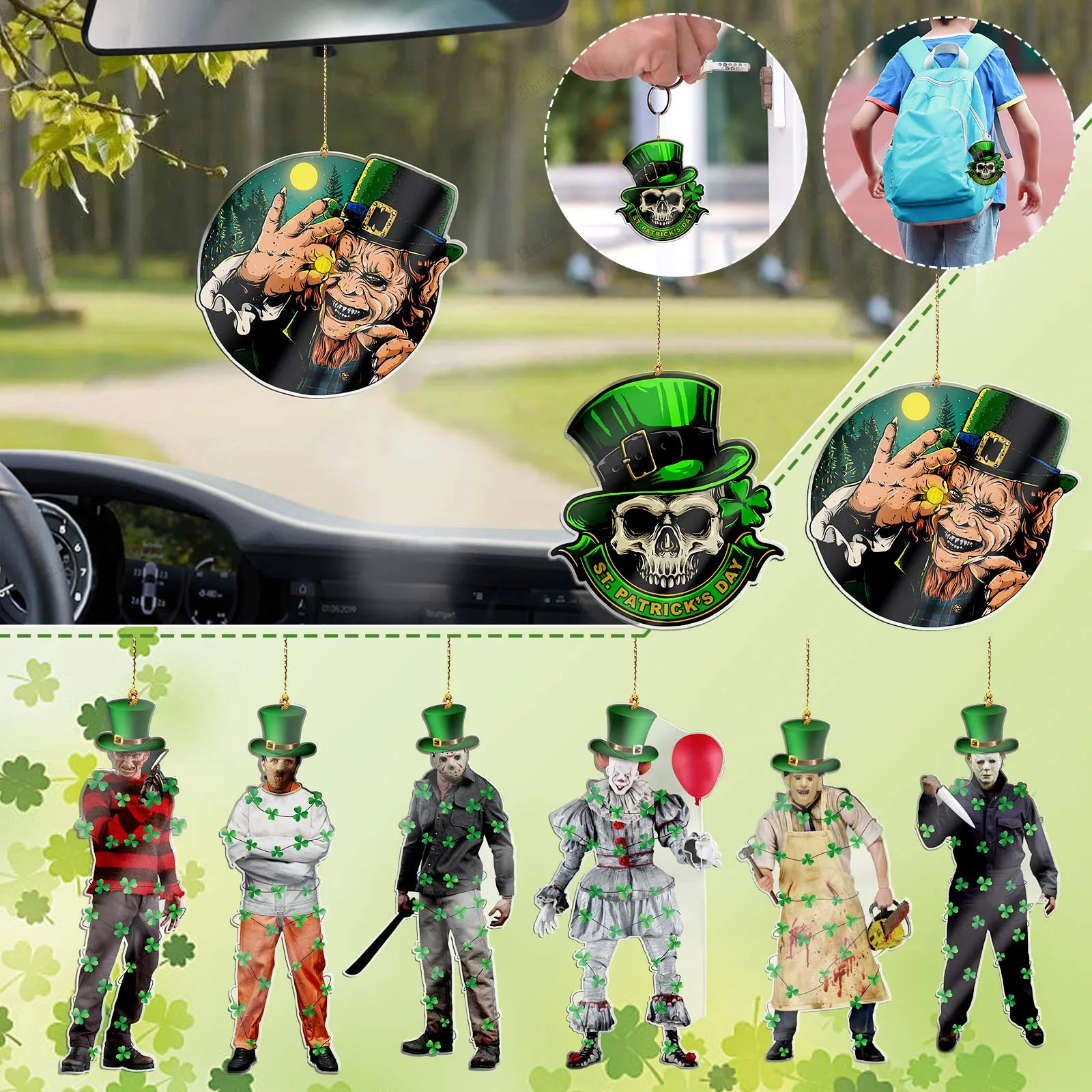 

DIY Horror Movie Ornament For St. Patrick's Day Decoration, Car Rearview Mirror Pendant Crafts Collection