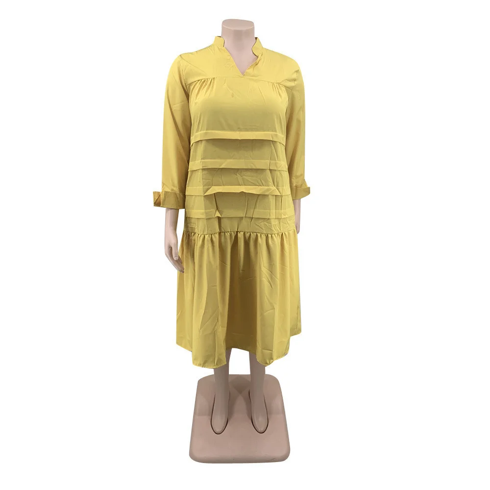 Plus Size New Fall Shirt Dresses for Women Clothes Wholesale Casual Loose Big Hem v Neck Fold Maxi Dress Stre 3xl 4xl 5xl 6xl