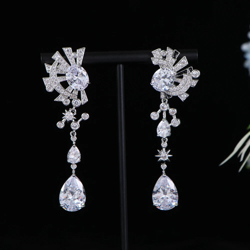 

Luxury Moon Star Water Droplets Dangle Earrings For Women Wedding Cubic Zircon Dubai Bridal Asymmetri Drop Earrings E1158