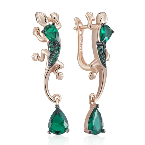Серьги-капли Kinel с зеленым цирконом и ящерицей