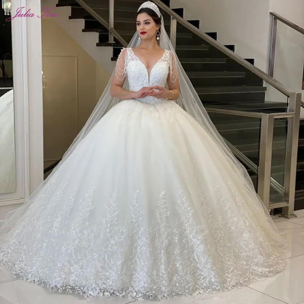 

Julia Kui Luxuries Gorgeous Ball Gown Wedding Dresses Of Drop Beads Rhinestones Sleeveless Shiny Bride Dress