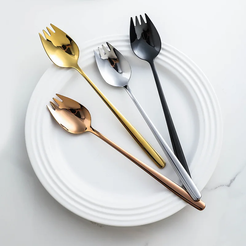 

1pc Stainless Steel Salad Fork Multifunction Integrated Fruit Fork Instant Noodles Spoon Fork Dessert Fork for Home Restaurant