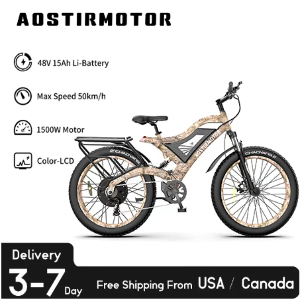 AOSTIRMOTOR 1500W 30MPH Snow Ebike 48V 15Ah Electric Mountain Bike For Aldult 26in 4.0 Fat Tire Beach Bicycle