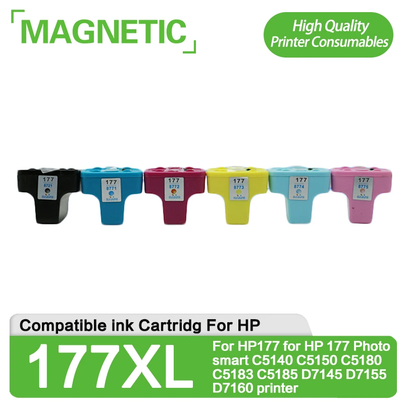 

6pcs Magnetic Compatible Ink Cartridges For HP177 for HP 177 Photosmart C5140 C5150 C5180 C5183 C5185 D7145 D7155 D7160 printer