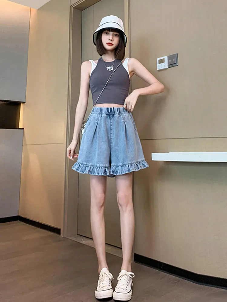 Женские джинсовые шорты с оборками универсальные высокой талией в Корейском