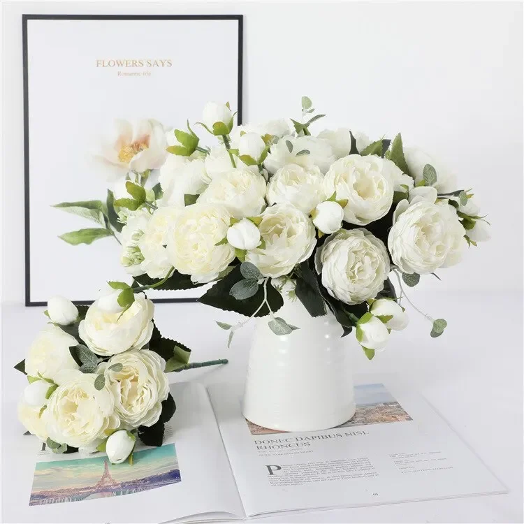 

Artificial Flowers Bouquet Big Head and Bud Cheap Fake for Home Wedding Decoration Indoor Rose White Peony Vase Decoration