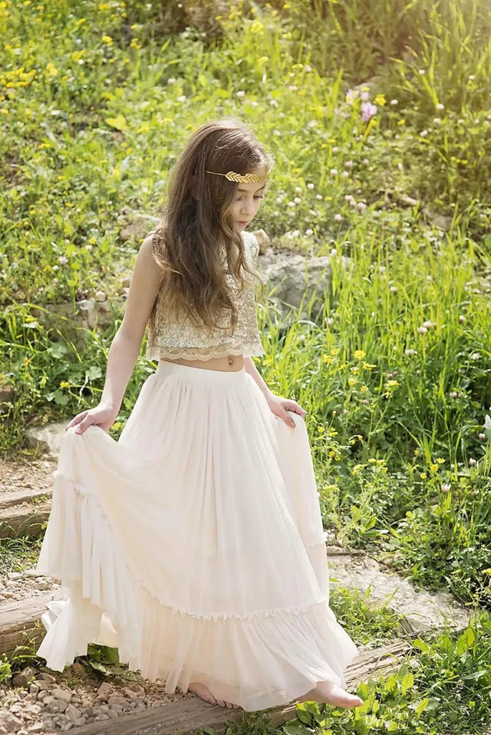 

Sequin Flower Girl Dresses Lace Chiffon Two-Pieces Sleeveless A-Line Pageant Gown Holy Communion Dresses for Wedding