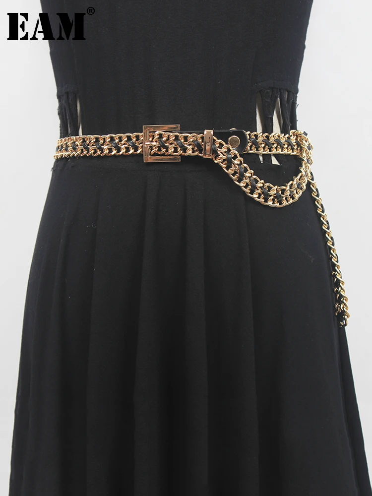 

[EAM] Pu Leather Black Color-block Metal Chain Long Belt Personality Women New Fashion All-match Spring Autumn 2022 1DE8700