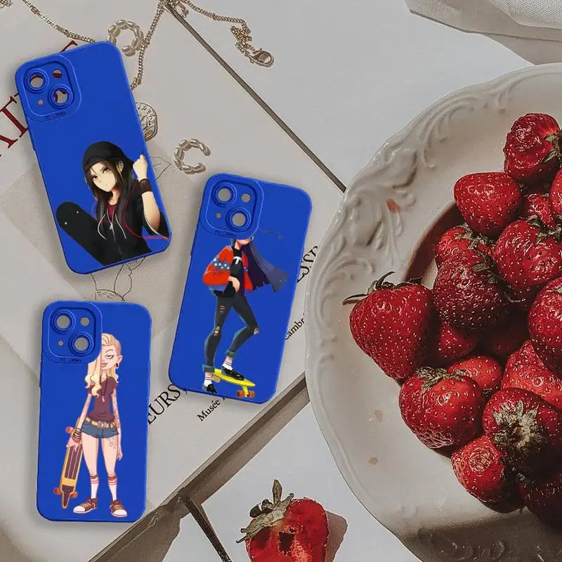 

Skateboard cartoon cool girl Phone Case For iPhone 13 12 11 Pro MAX Mini X XS XR 7 8 Plus Liquid Silicone Klein Blue