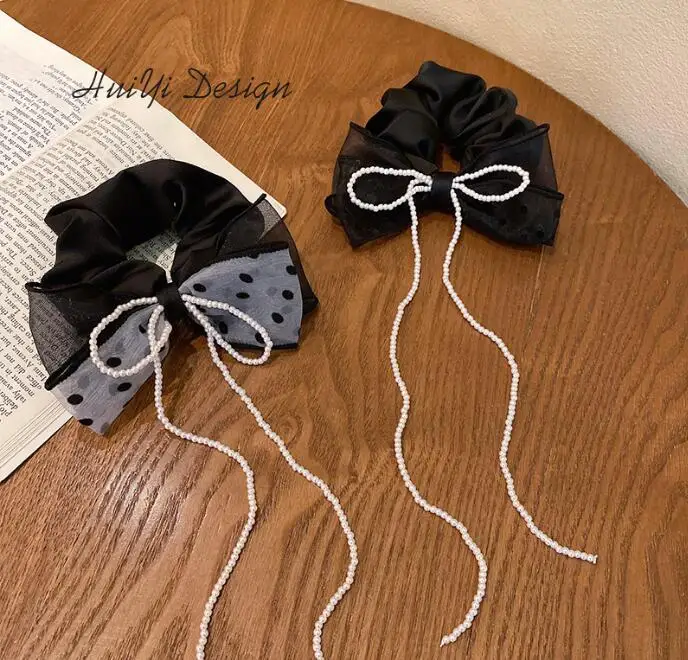 

Новое корейское прозрачное кружевное большое кольцо для волос в стиле ретро с жемчугом волнистые точечные элегантные резинки для волос