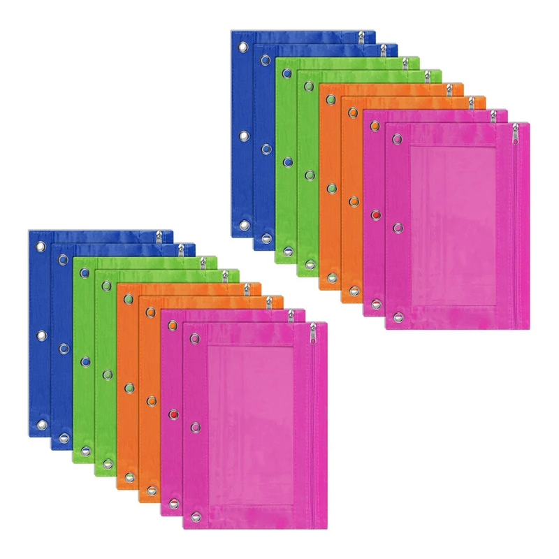 

16 Pack 3-Ring Pencil Pouch, Pouch Binder, Multi-Color, Pencil Case, Clear Window, For School Supplies, Office Supplies