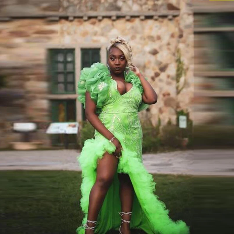 

Deep V Neck Prom Dresses Green Ruffles High Split Evening Gowns Aso Ebi Women Formal Occasion Party Dress Robe De Soiree