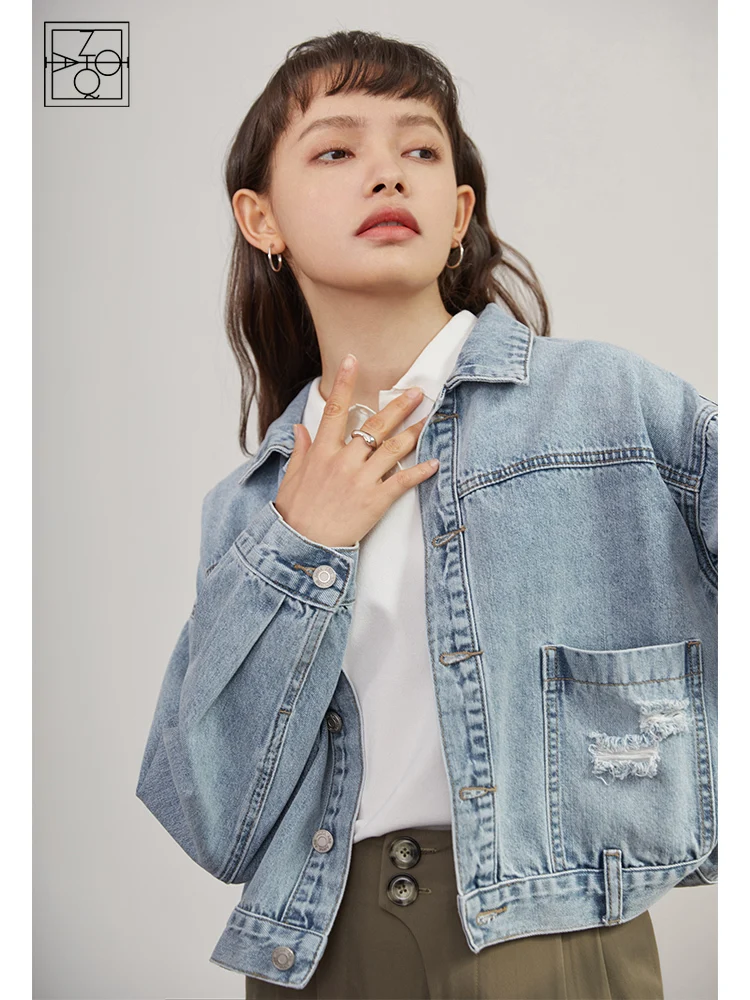 

ZIQIAO Petite Size Office Lady Ripped Washed Denim Jacket Female Spring Autumn 2021 New Style Korean Casual Short Top Trend