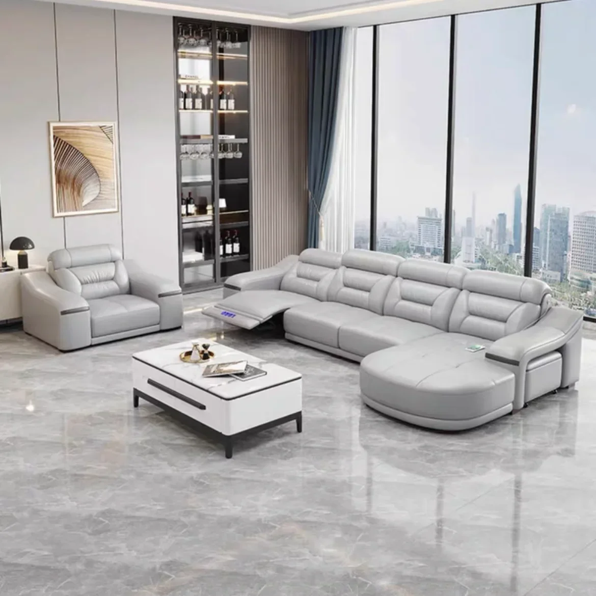 Современный кожаный электрический диван с откидной спинкой угловой L-образный