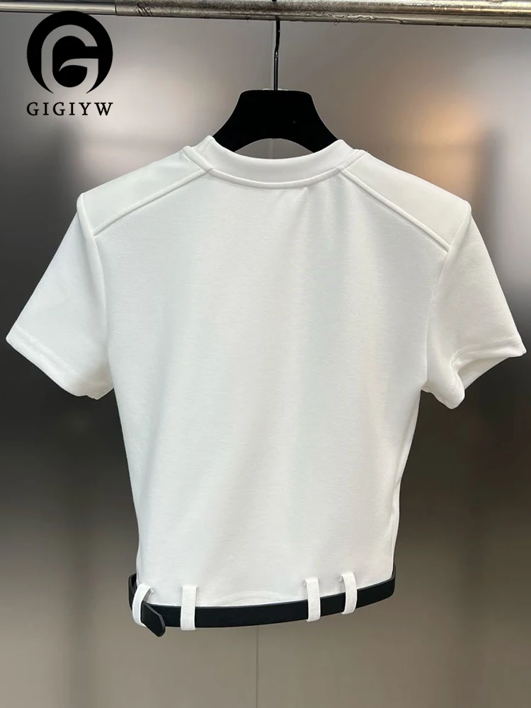 

Женская футболка с коротким рукавом GIGIYW, Повседневная Свободная футболка с круглым вырезом и поясом в стиле пэчворк на лето