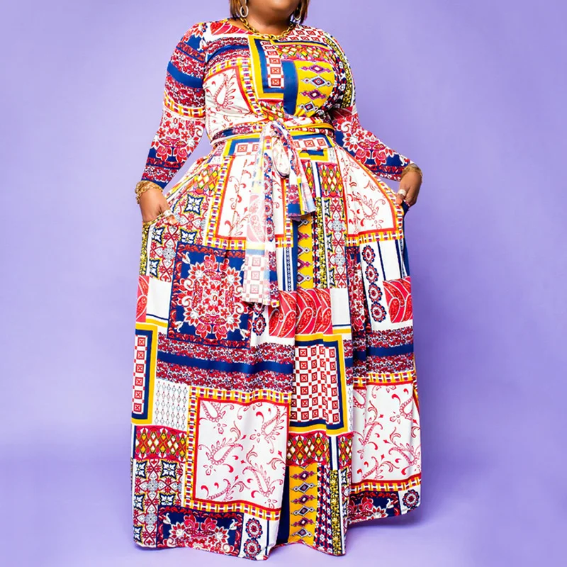 Indie Folk Ethnic O-Neck Pink Long Sleeve Pleated Skirt Vintage Print Bandage Plus Size Maxi Dress Spring Autumn Women Clothing