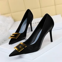 fashion high heels shoes women metal decoration pointed toe pumps sexy slip on shoes shallow slide black zapatos de mujer