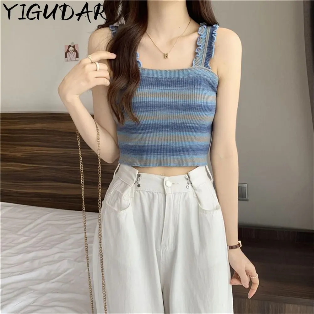 

Women Stripe Knitted Suspender Tops Summer Slim Fit Waist Sleeveless Vest Fashion Shackle Tanks Female Sexy Camis y2k streetwear