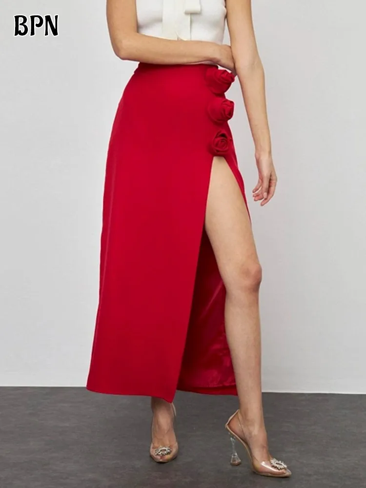 Юбка женская однотонная с разрезом высокой талией и аппликацией