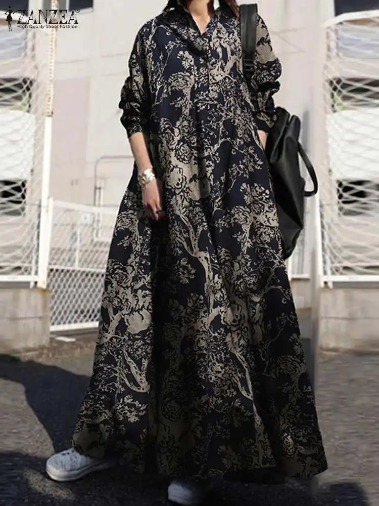

ZANZEA Printed Maxi Dress Women's Autumn Shirt Dress Casual Long Sleeve Button Retro Vestidos Female Laple Robe Oversized 2022