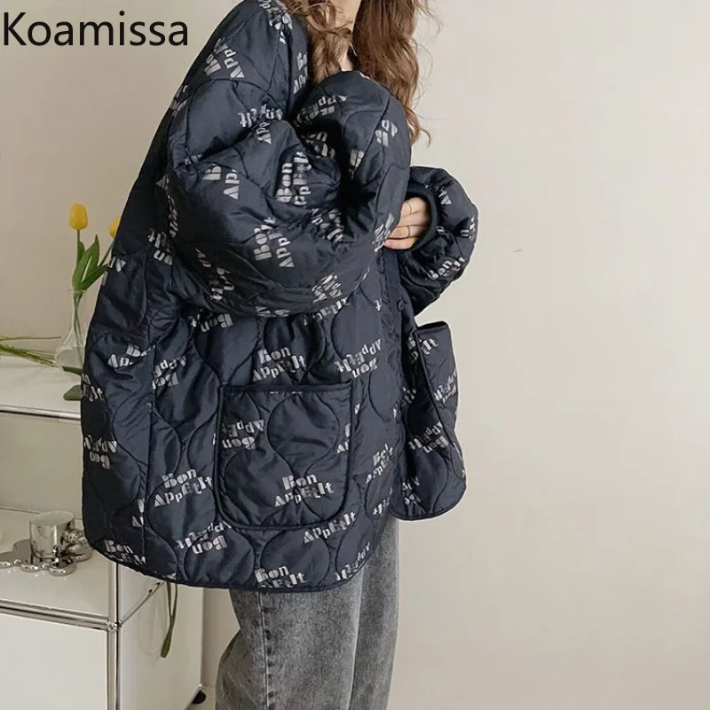 Koamissa Fashion Thin Women Oversized Parkas Lady Puff Sleeves Single Breasted Quilted Coats Female Causal Loose Winter Jackets