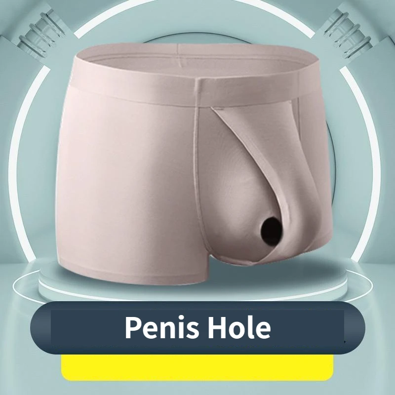 Man Separate Dual Pouch Underwear Summer Breath Foreskin Long Physical Therapy LIngerie Front Open Hole Sheath Boxers enhance