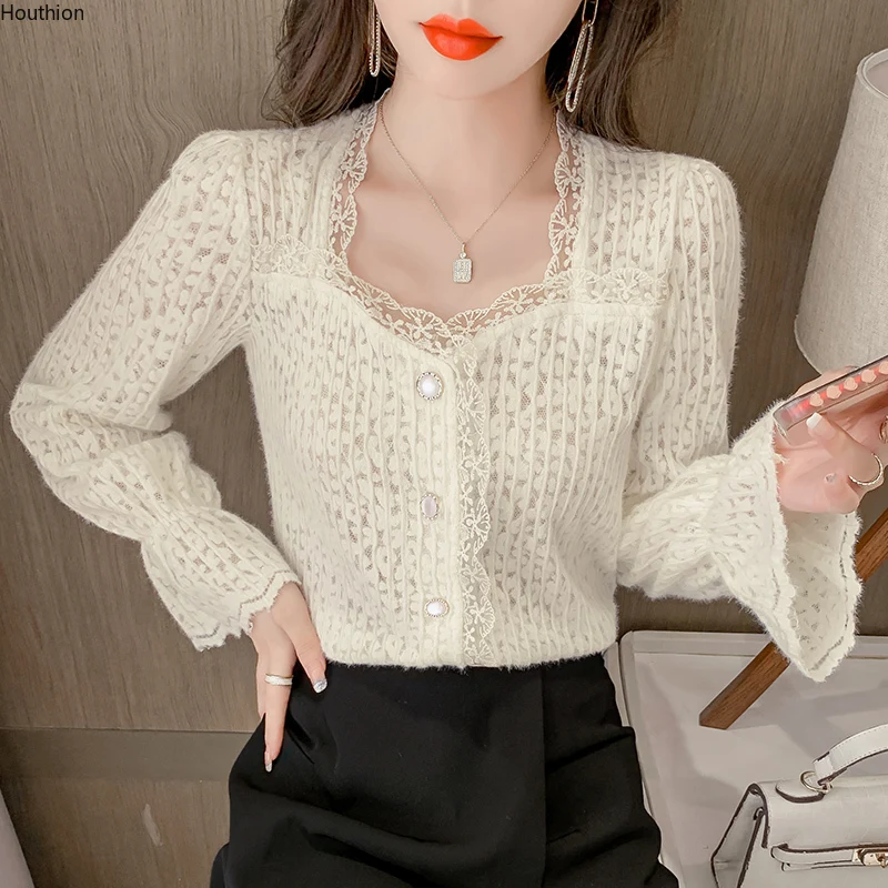 

Женская Повседневная рубашка с длинным рукавом, кружевной топ с квадратным вырезом и оборками в Корейском стиле на лето