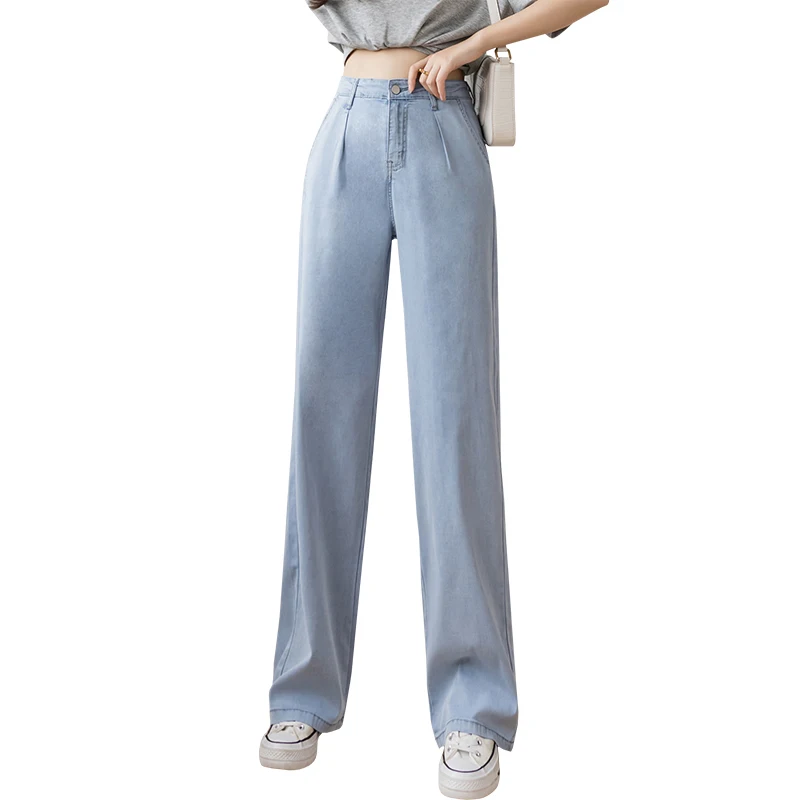 Women Casual High Waist Loose Thin Pants 2023 Summer Wide Leg Jeans Loose Ice Silk Straight Trousers Female Long Denim Pants Pop