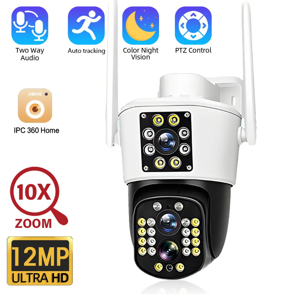12MP Dual Lens Dual Screen 10X Zoom Outdoor WiFi PTZ Camera Auto Tracking Security Cam 4K Color Night CCTV Surveillance Cameras