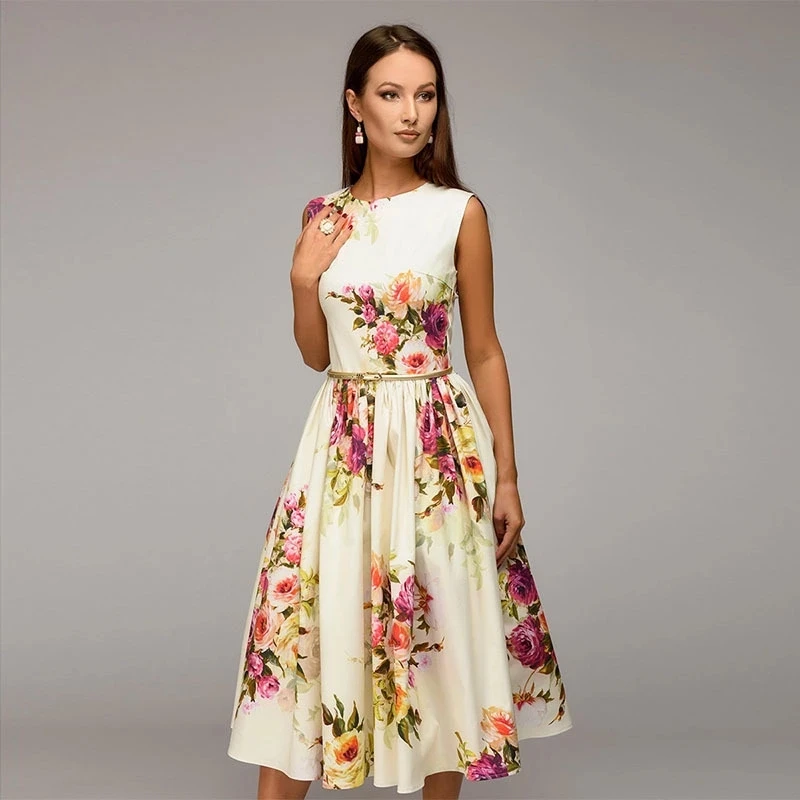 

Lady Party Dress 2019 Summer Autumn Women Sleeveless Flowers Printing Vestidos Elegant Casual A-line Dress No Belt