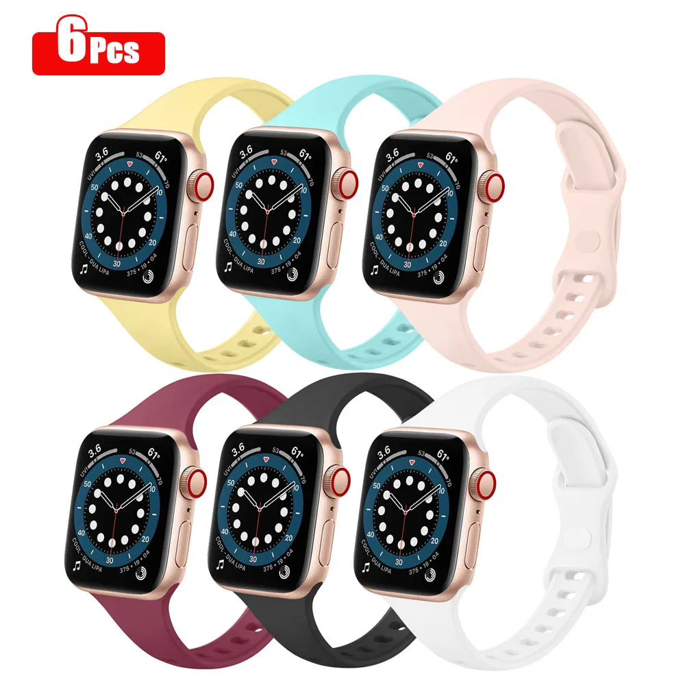 6pcs Strap For Apple Watch Series 7 6 5 4 3 2 SE 42mm 38mm 44mm 40mm Strap Silicone Band Silm Bracelet For iWatch 41mm 45mm