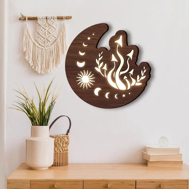 

Wooden Moon Figurines Wall Decor Bohemian Seven Veins Moon Phase Hanging Pendant With LED Wall Art Deco For Bedroom Living Room