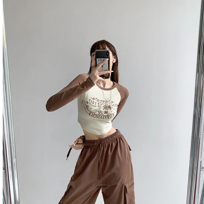 

European and American Style Letter Printing Long-sleeved T-shirt for Women Spring High Waist Tight Thin Short Exposed Navel Top