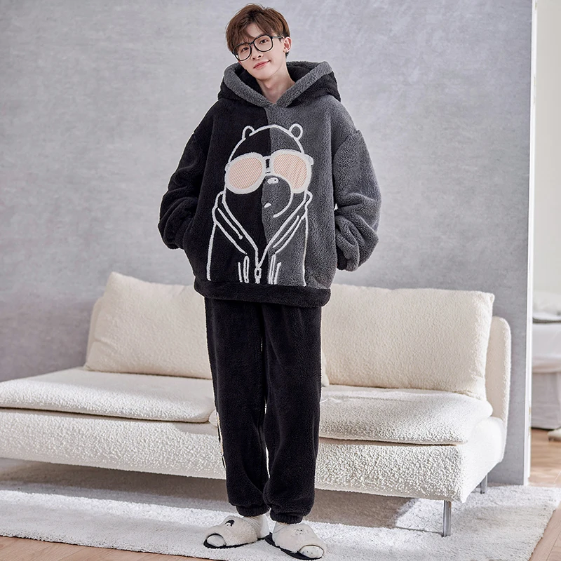 QUHENG Flannel Men's Pajamas Suit  2022 Autumn Winter Plus Size Nightgown Suit  Warm Bathrobe Coral Fleece Male Pajama Home Sets