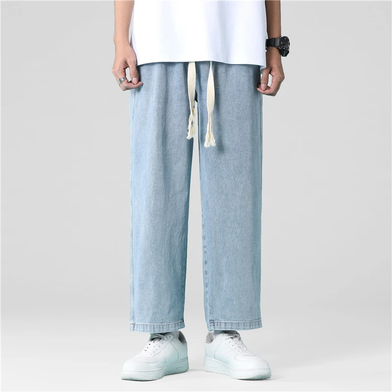 Джинсы мужские тонкие прямые с поясом на резинке свободные повседневные штаны из