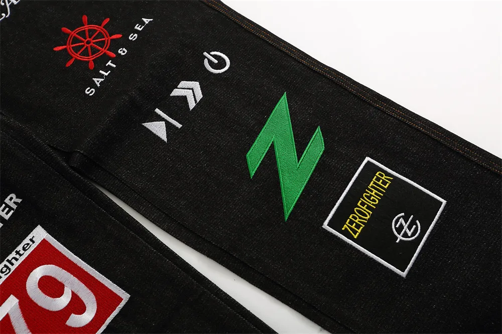 Letter Embroidery Baggy Denim Jeans Men High Street Fashion Loose Straight Pants Black Biker Casual Trousers Homme Pantalones