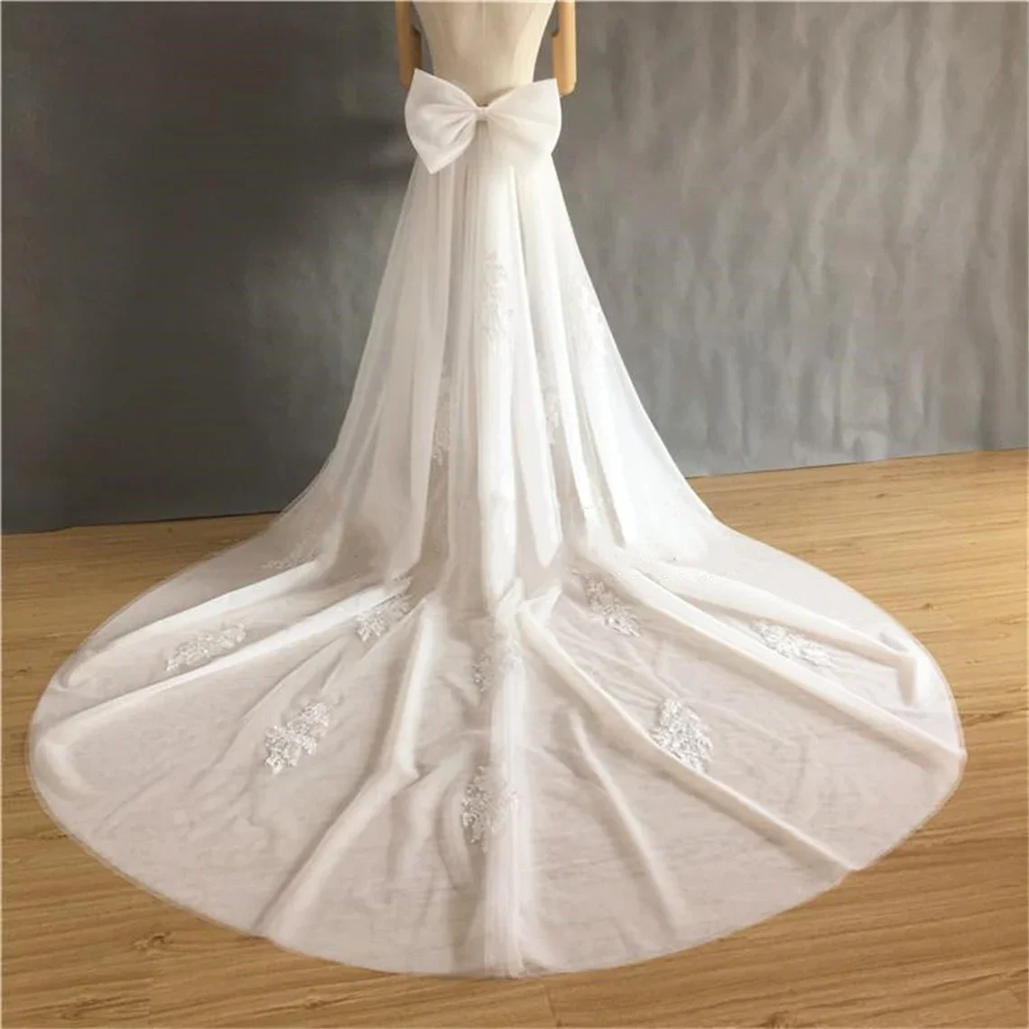

JIERUIZE Tulle Lace Appliques Detachable Skirt Wedding Boho Removable Train For Dresses Big Bow Bridal Overskirt