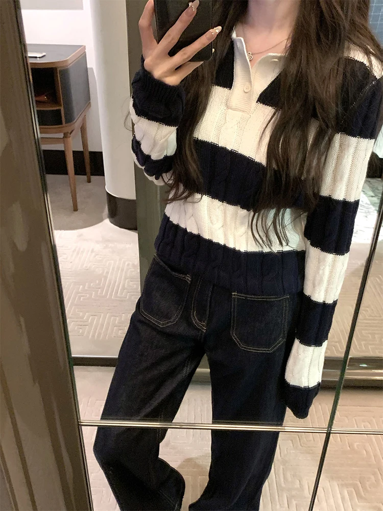 Bigking Daikin Preppy Knit Женский многослойный топ в полоску контрастного цвета с