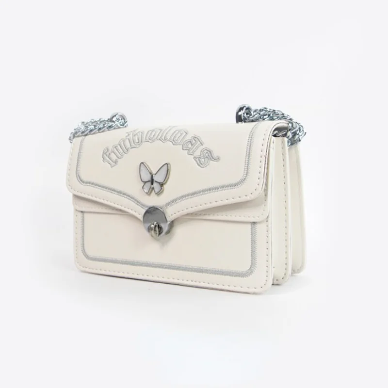 

White Embroidery Elegant Womens Shoulder Bag Butterfly Exquisite Chain Fashion Crossbody Bag Small Square All-match Handbag