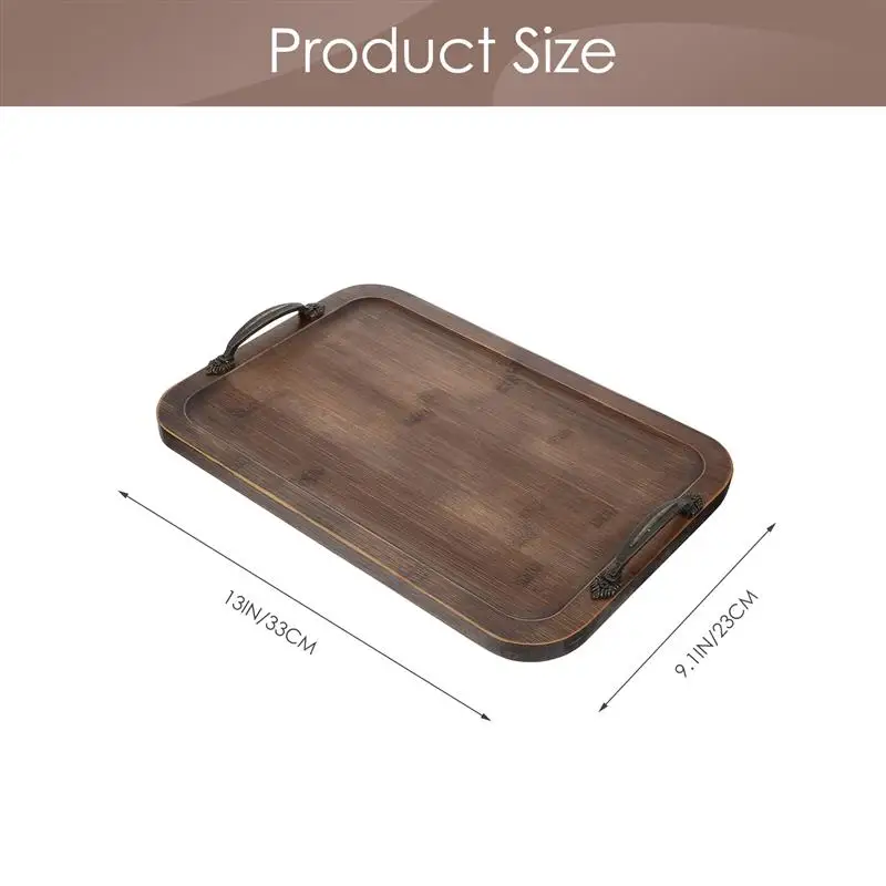 Bamboo Serving Tray with Metal Handle Household Storage Durable Handles |