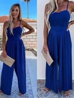 elegant solid pleated jumpsuit women loose wide leg beach overalls casual sleeveless belted rompers