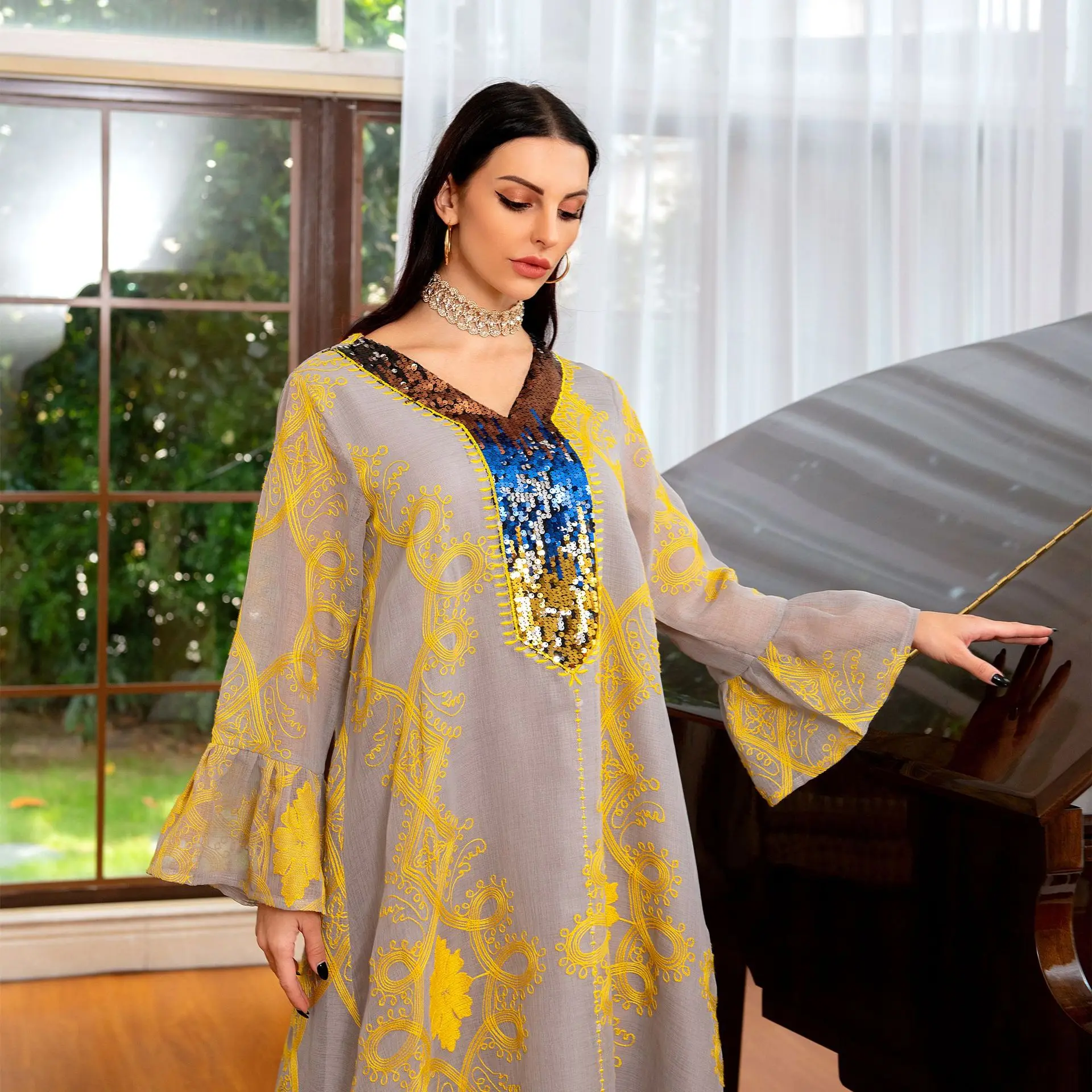 Muslim Long Women Dress Fashion Abaya Dubai Islamic  Abaya Long Sleeve Embroidery Sequin Printed Pakistani Robe Moroccan Kaftan