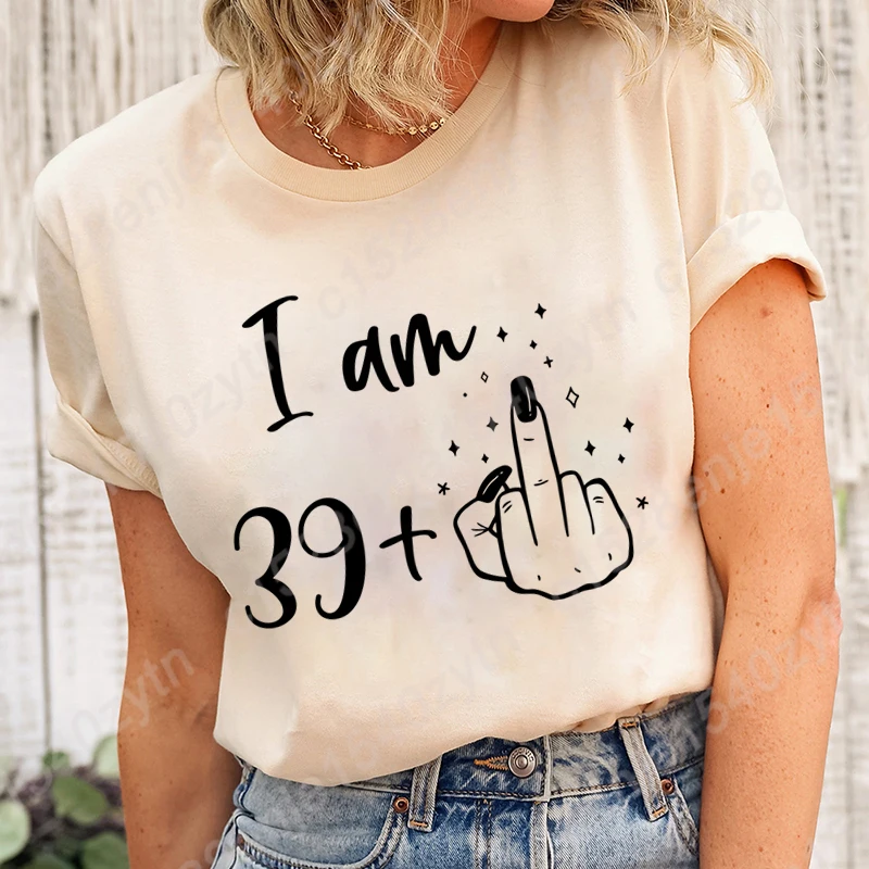 I Am 39+1 Print T Shirt Summer Short Sleeve Loose T-Shirt Retro Birthday Gifts For Women Crew Neck Pure Color Top