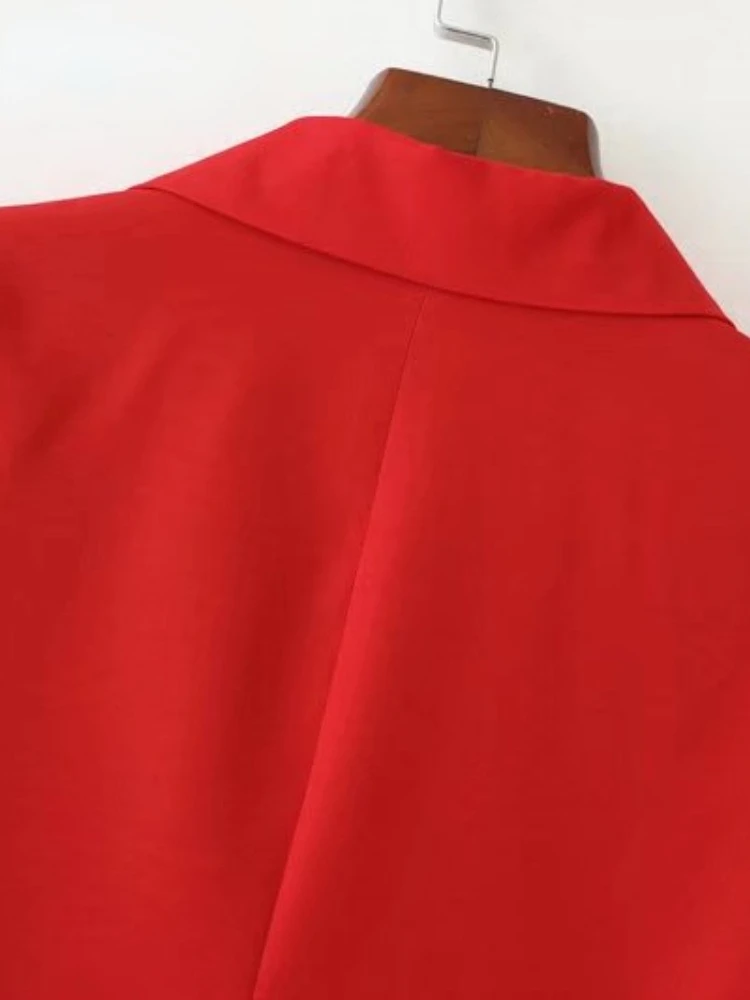 Spring Women Blazer Soild Double Breasted Red Vintage Long Sleeve Office Lady Loose Suit Coat Button Casual Outerwear Chic Tops