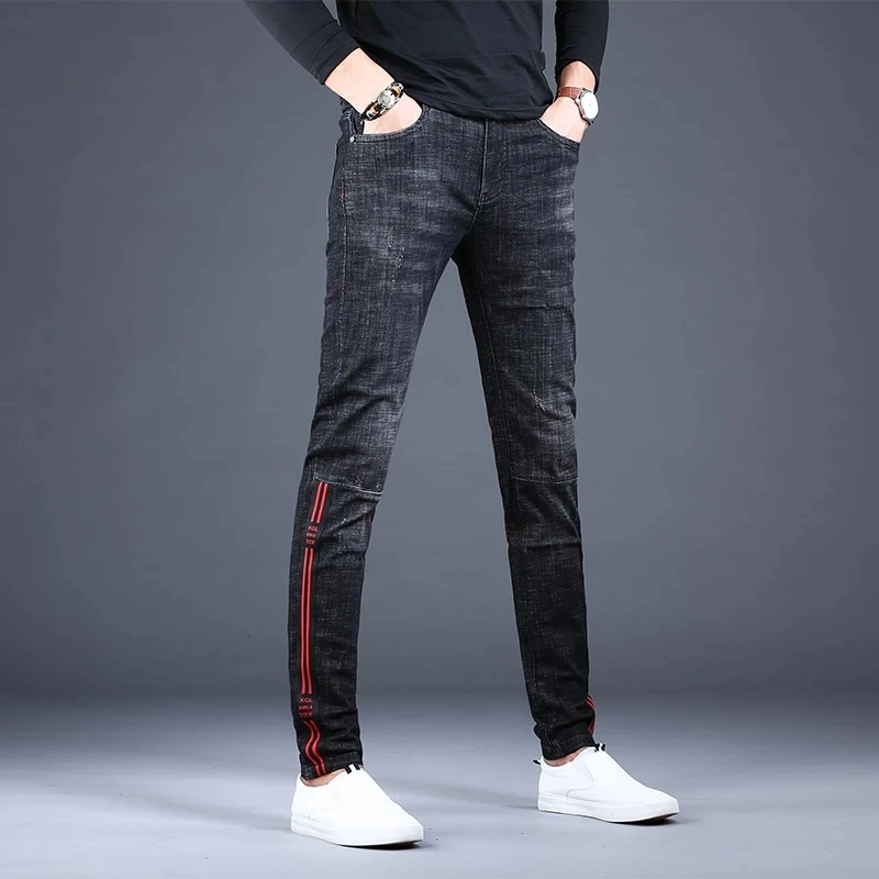 Men Black Jeans Fashion Side Stripe Slim Fit Pencil Pants Korean Style Casual Stretch Denim Trousers