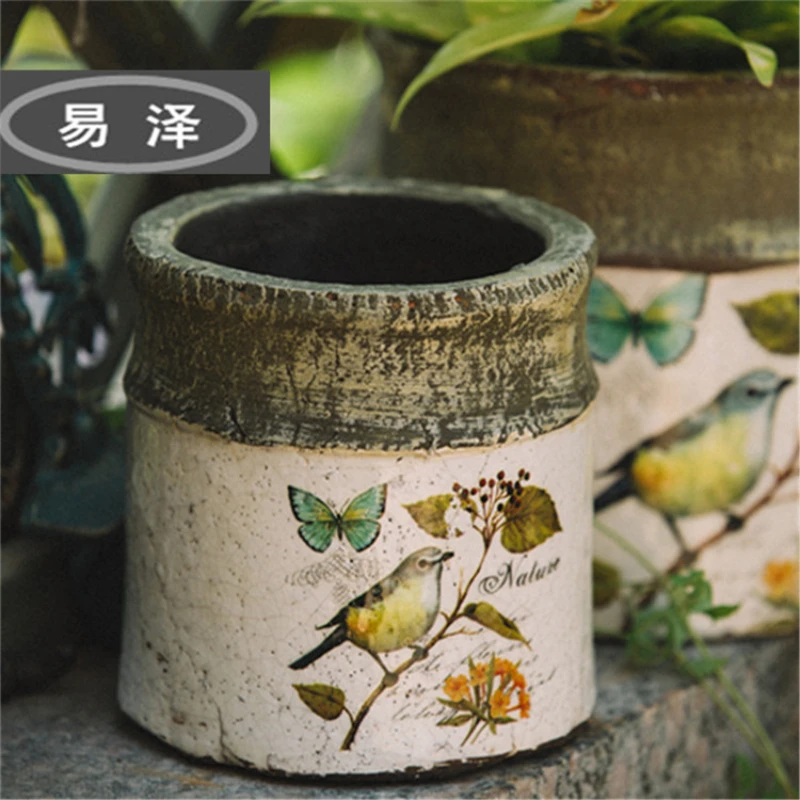 

Nordic Retro Vintage Rustic Bird Underglaze Colored Ceramic Succulent Flower Pot Decoration Garden Flower Pot