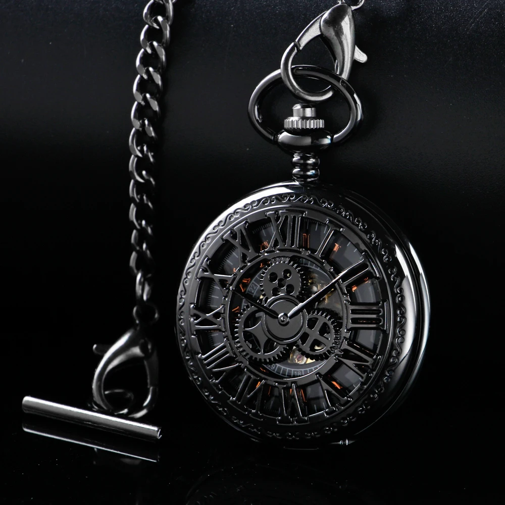 New Black Text Sculpture Mechanical Pocket Watch with Fob Chain Roman Digital Dial Fashion Pocket Watch Men's and Women's Gift