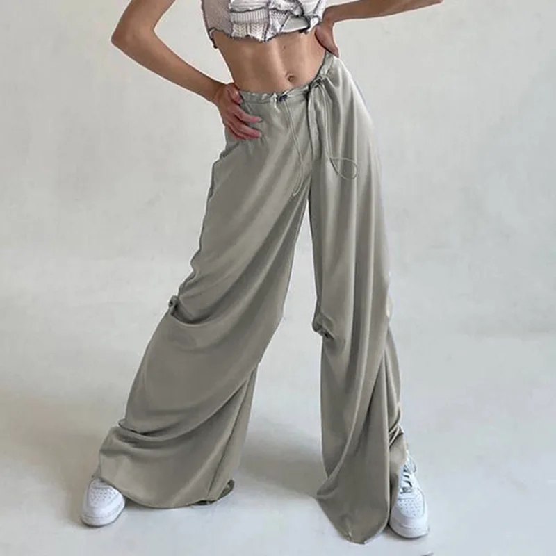 

Satin Casual Pants Women Fashion Drawstring Baggy Low Rise Cargo Pants Gray Elegant Trousers Streetwear Harajuku Vintage