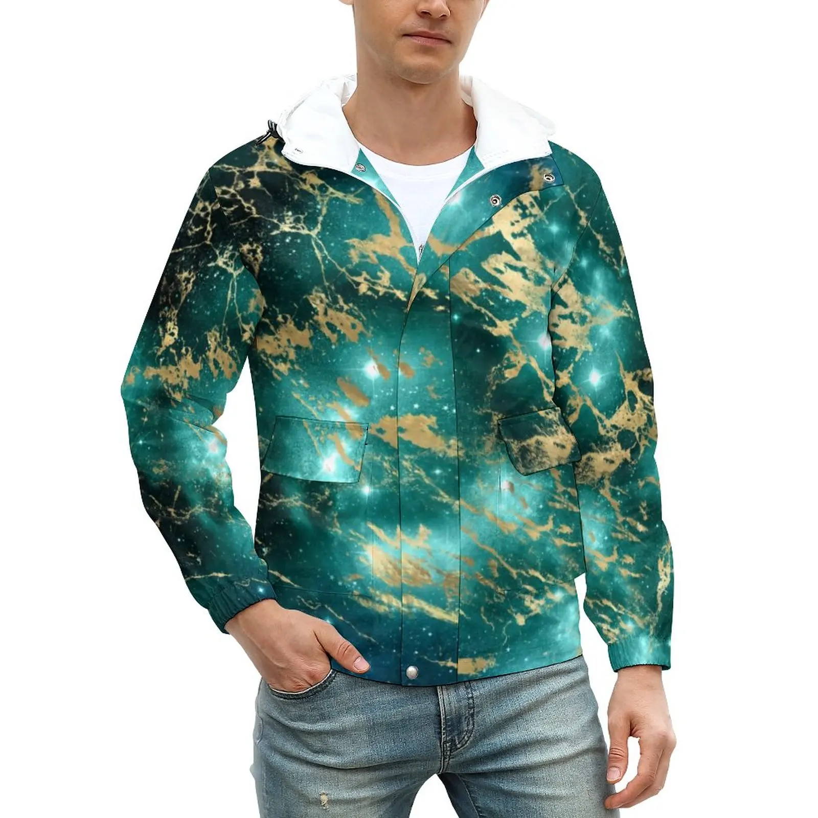 

Черно-зеленые повседневные куртки со Звездной ночью, пальто с мраморным принтом, осенняя уличная одежда, куртка на заказ, Классическая ветр...